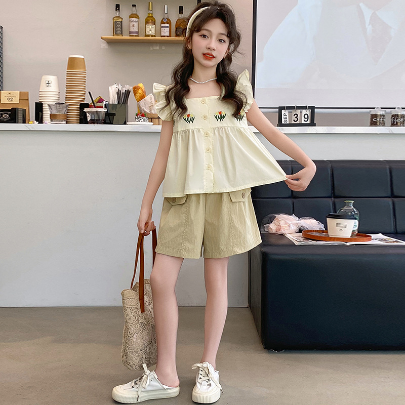 女大童夏装短裤套装2024新款韩版韩版女孩洋气棉布绣花飞袖两件套