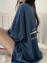 100%纯棉t恤女短袖夏季韩版宽松设计感小众oversize五分袖蓝色4色