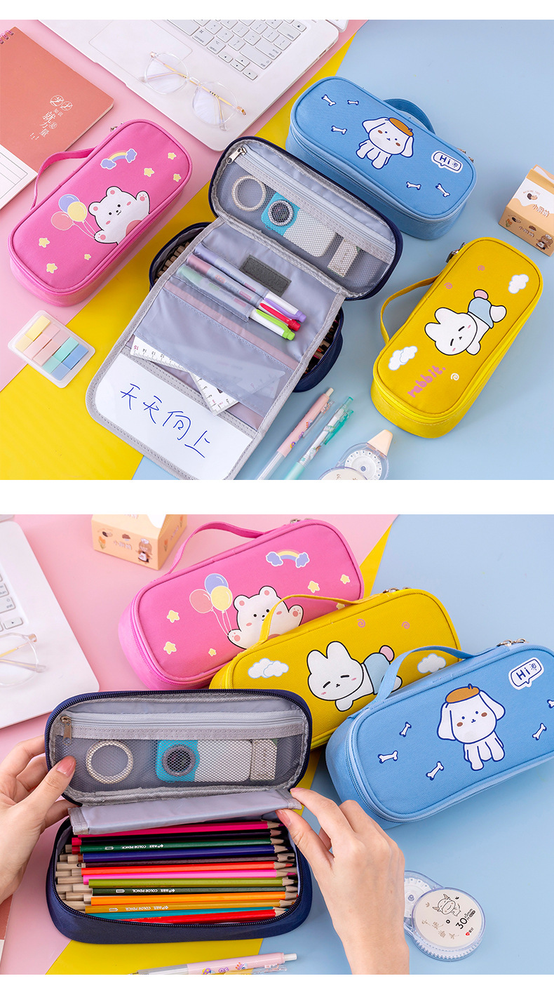 盐系卡通多功能双层笔袋手提大容量铅笔盒学生收纳文具袋批发定制