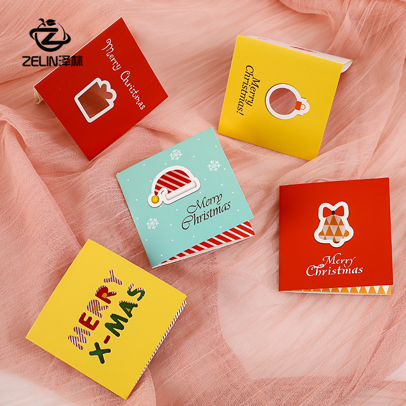 圣诞节对折贺卡圣诞花束礼物礼盒装饰留言卡方形折叠镂空小卡片