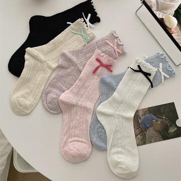袜子女设计师款蝴蝶结木耳边网眼堆堆袜ins潮日系夏季薄款中筒袜