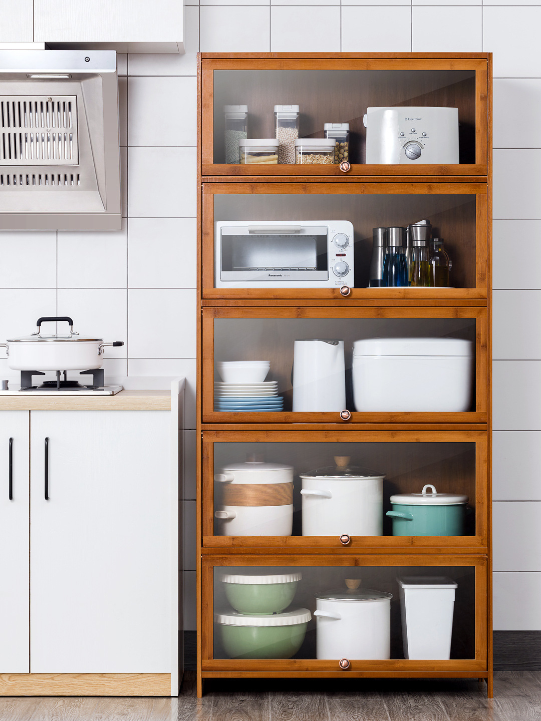 厨房用品收纳柜子家用大全落地多层多功能置物架带门储物柜书架木