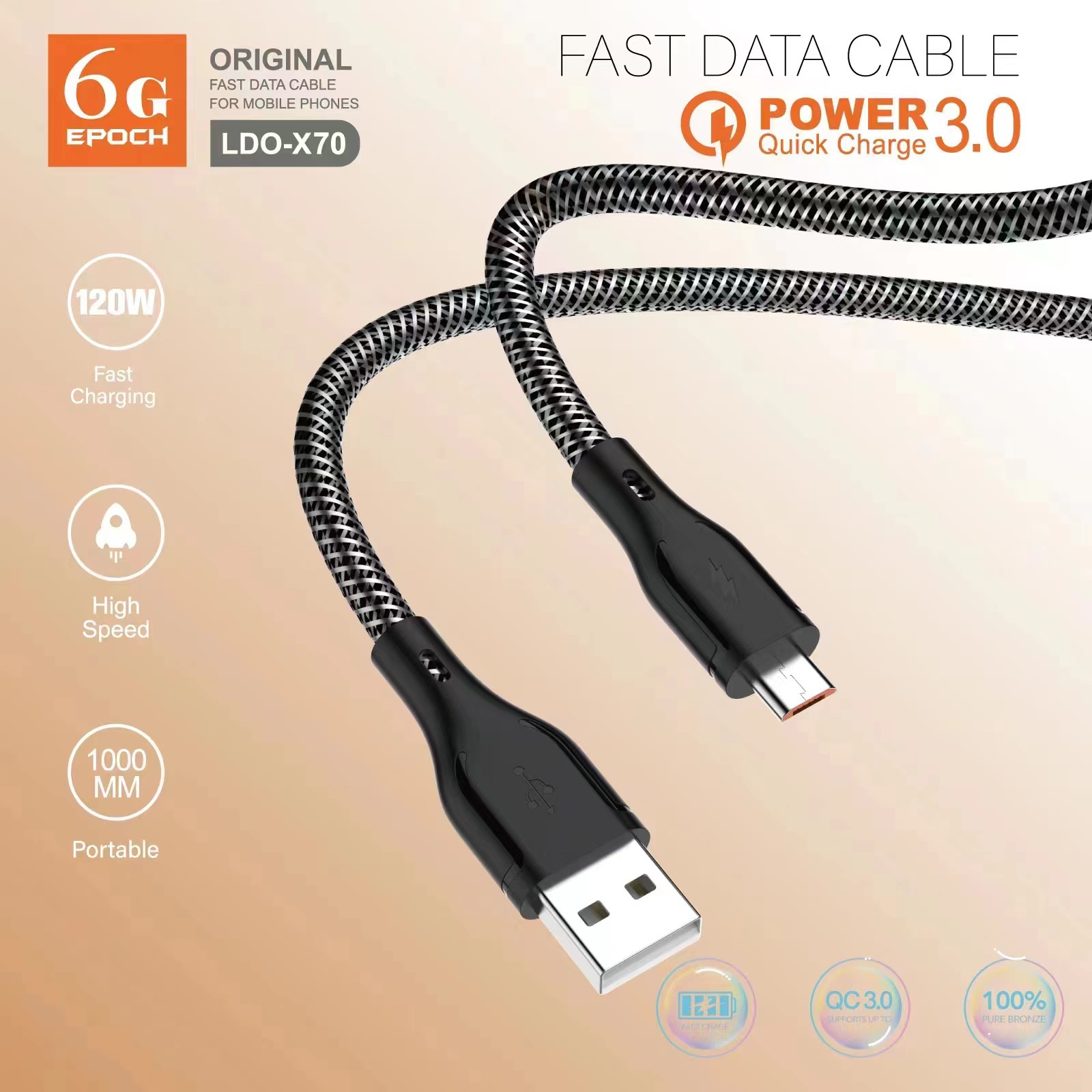 LDO-X70 New Woven Fast Charge Data Cable Support I5 Android Tc Smartphone Qc3.0 Delivery Supported