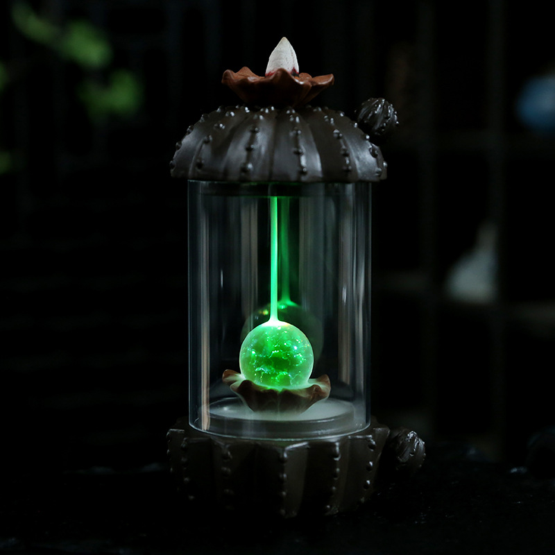 跨境紫砂防风罩倒流香炉创意仙人掌led灯家居茶室香薰炉摆件 批发