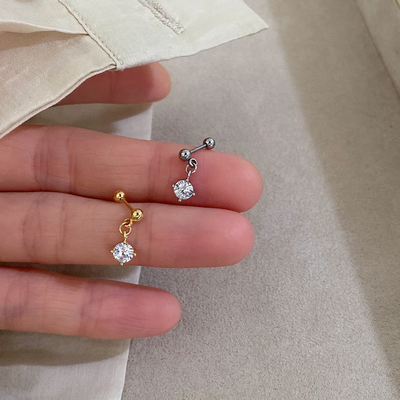 批发小耳钉短款耳坠小巧钛钢水钻锆石吊坠耳骨钉细针螺丝拧扣耳蜗