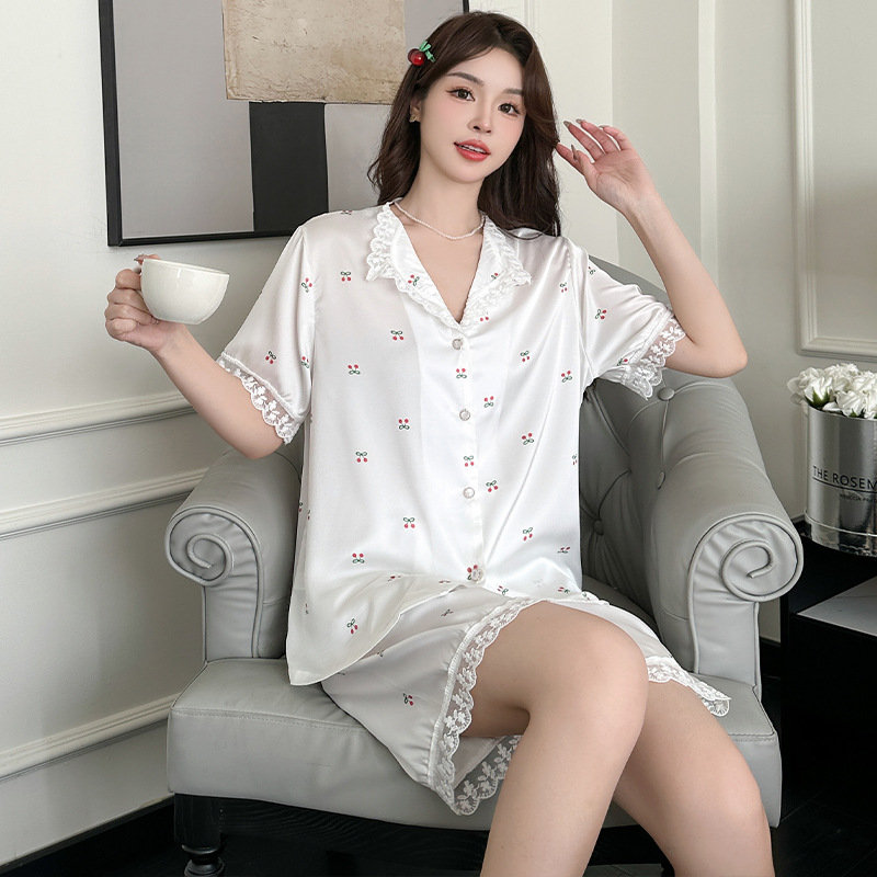 2024年新款冰丝睡衣女夏短袖夏季薄款丝绸感樱桃少女家居服春夏天