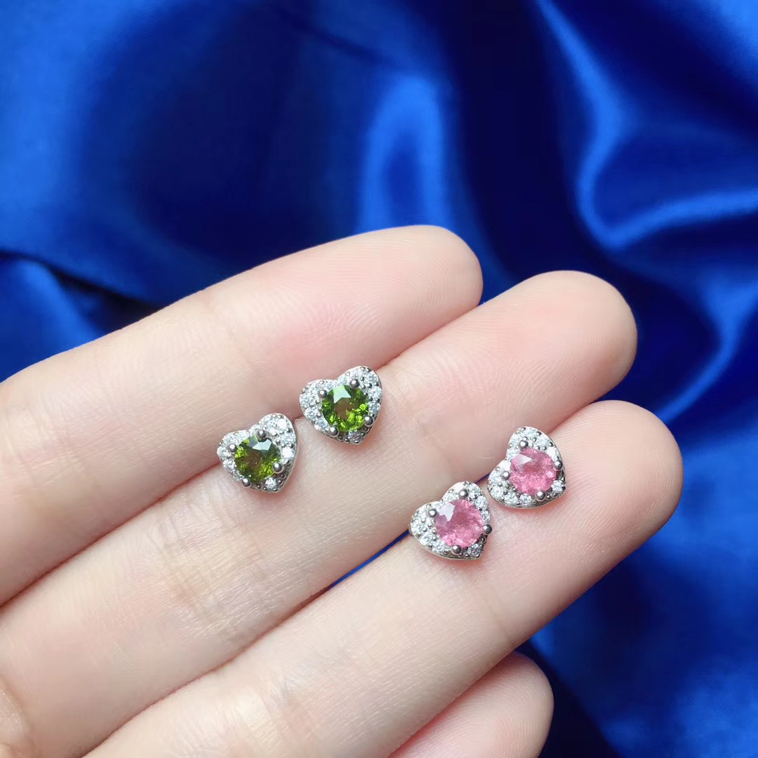 糖果彩色碧玺耳钉 巴西彩虹色水晶 s925银宝石饰品 心形时尚简约