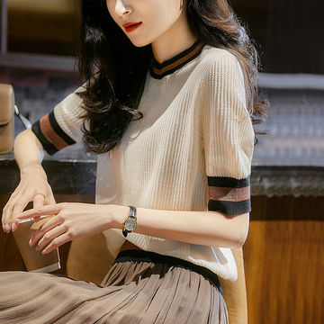 冰丝针织t恤女小衫2024年夏季新款宽松薄款短袖提花纹理撞色上衣