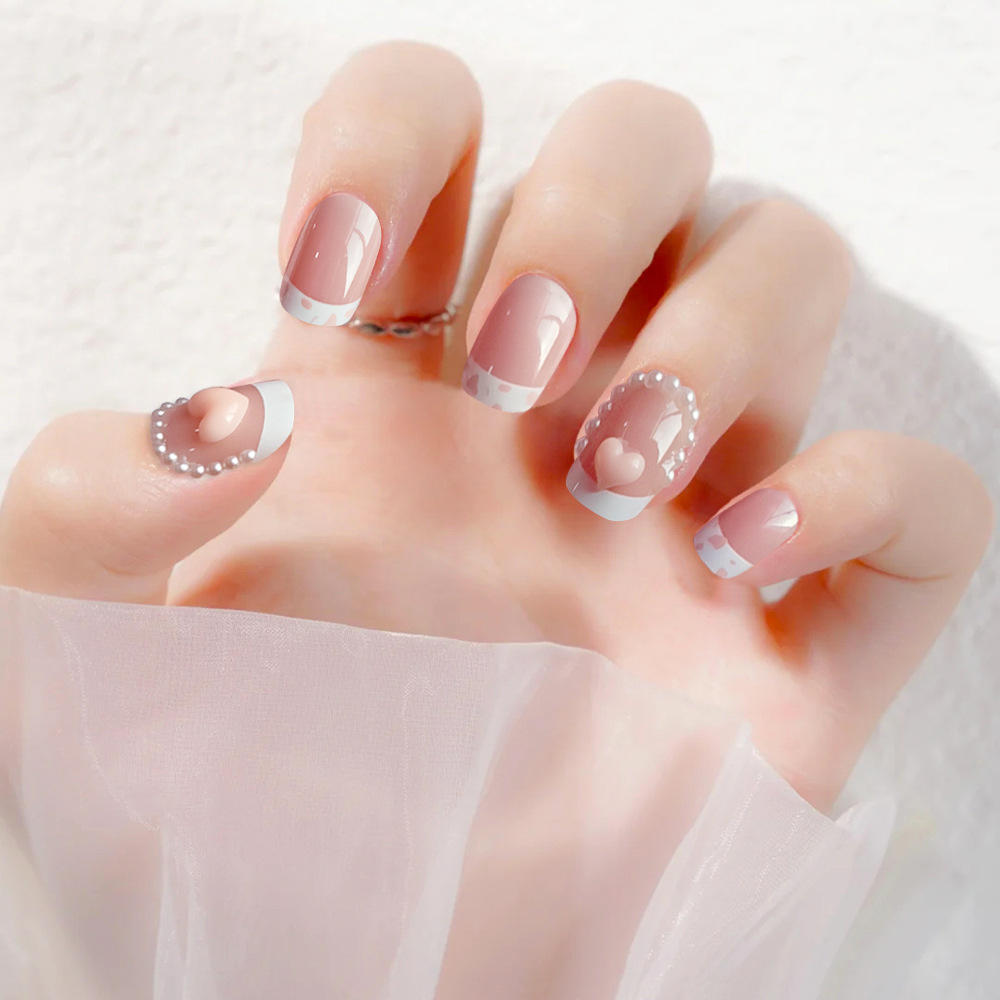小红书同款爱心珍珠假指甲 甜甜少女白边法式美甲甲片 气质美甲