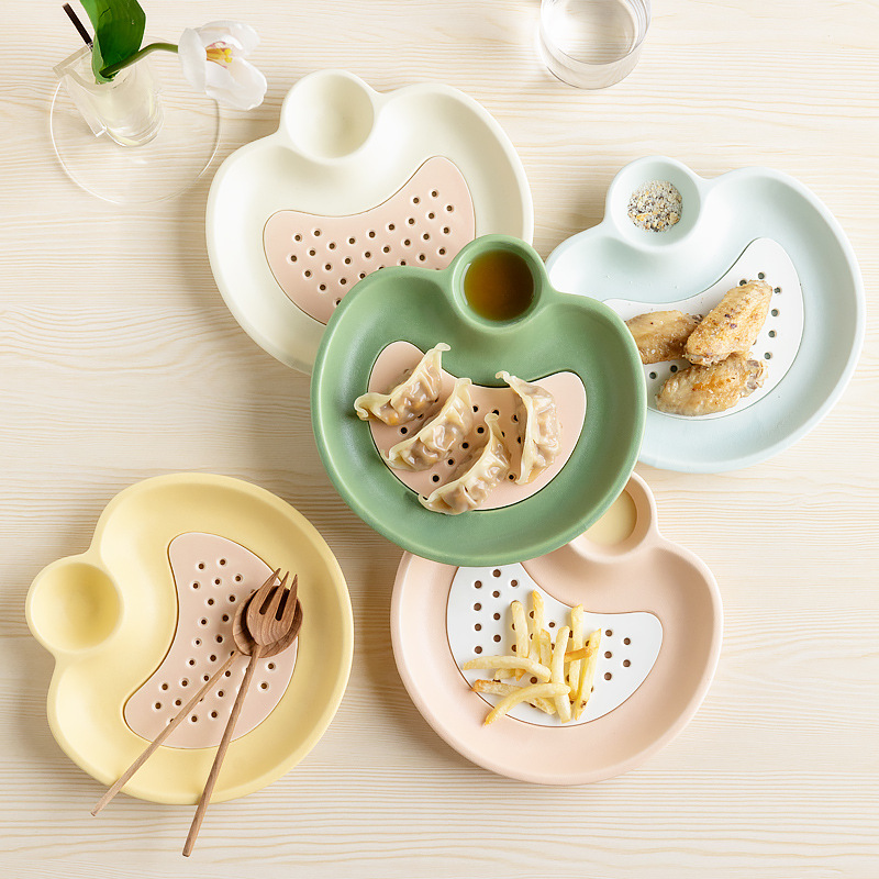 Ceramic Double-Deck Home Creative Drain Compartment Dumpling Plate Dumpling Plate Porous Steaming Plate Plate Dish with Vinegar Dish