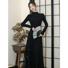 新中式国风改良日常旗袍裙春季2024新款法式复古黑色连衣裙高级感