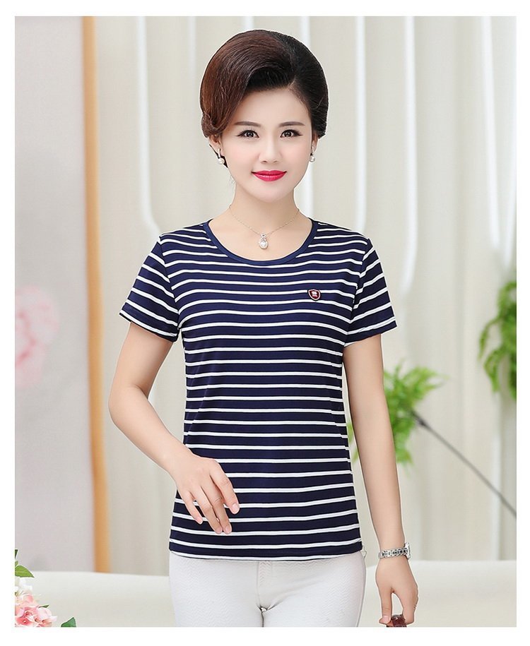 中老年女装夏装上衣中年妈妈条纹短袖纯棉t恤妈妈装全棉女士汗衫