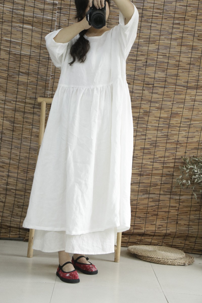 春夏新款白色亚麻连衣裙棉麻纯色长裙亚麻高腰清新连衣裙