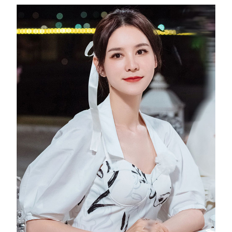 妻子的浪漫旅行5张馨月同款印花连衣裙设计感假两件抹胸撞色长裙