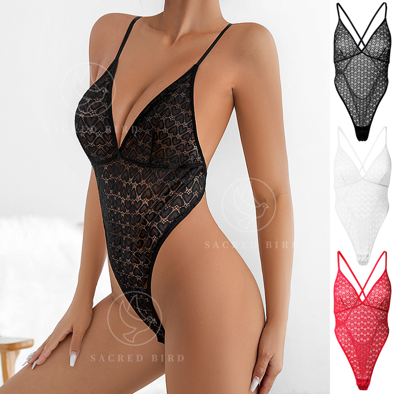 French Lace See-through Dress Sexy plus Size Love Embroidery Decoration Women's Jumpsuit Sling Deep V Beauty Back Underwear