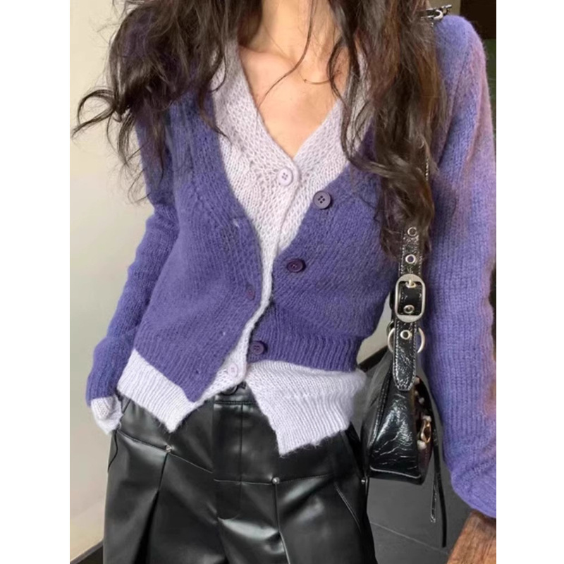 假两件内搭针织开衫女2024韩版春秋小个子v领打底上衣毛衣外套