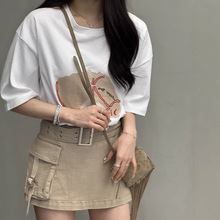 现货 白色正肩小马圆领短袖T恤女2025夏韩系休闲风显瘦上衣outfi*