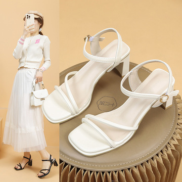 复古休闲细跟罗马凉鞋女2024年春夏季新款时尚百搭一字带高跟鞋潮