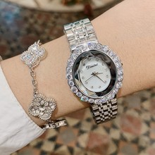 蒂米妮锆石银色钢带椭圆形时尚个性贝壳面腕表镶钻表带女士手表