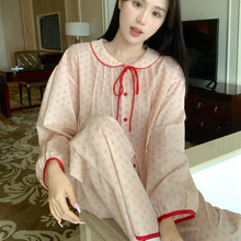 跨境外贸女士chic秋季新款甜美宽松复古娃娃领长袖家居服睡衣套装