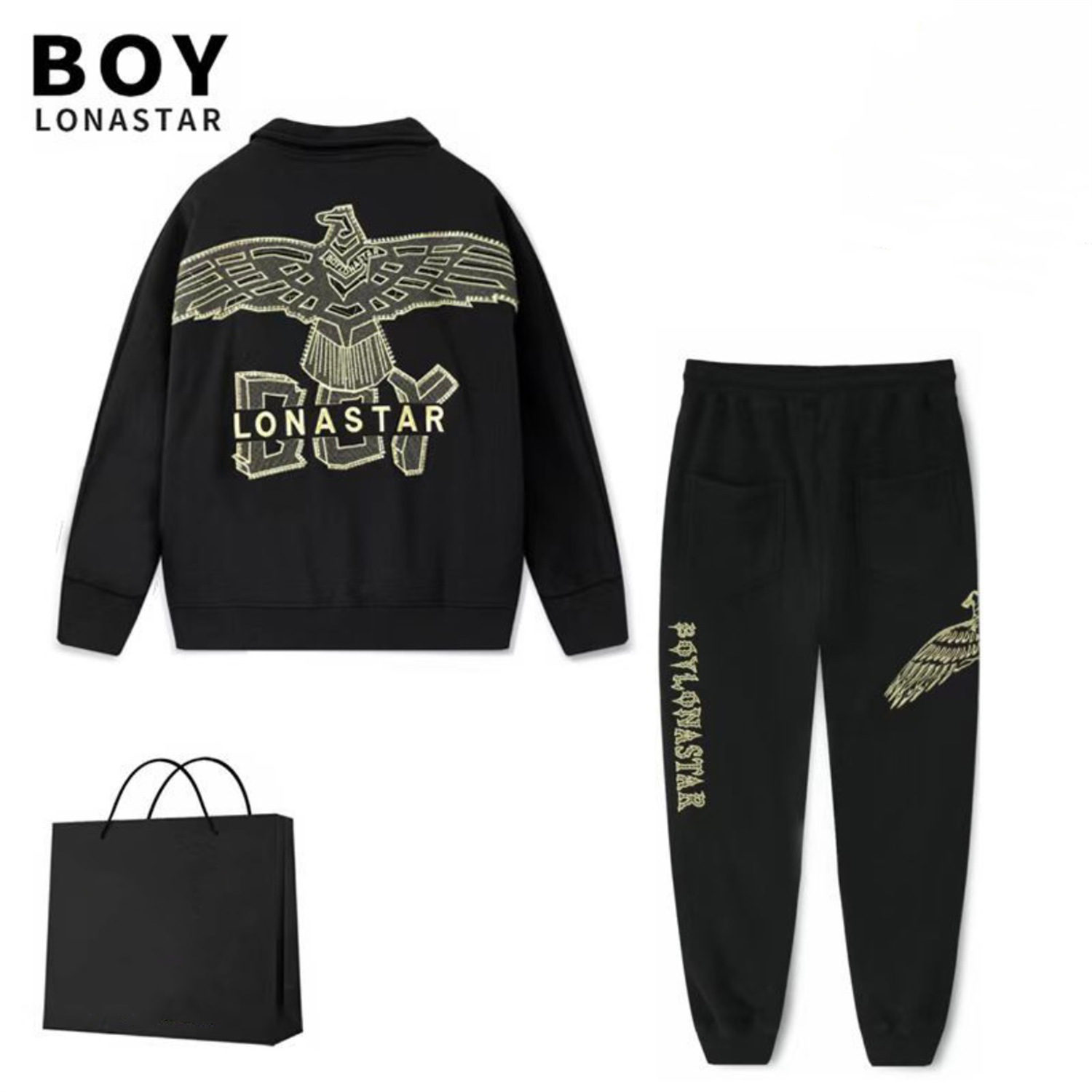 boy lonastar24春季新款刺绣宽松套装立领卫衣男女潮牌休闲情侣裤