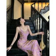 紫烟鎏金国风新中式女装大U领长款吊带长款连衣裙