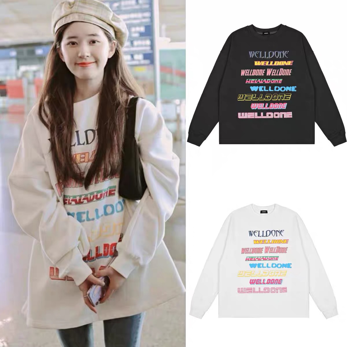 we11done秋季霓虹彩印套头卫衣赵露思同款宽松男女圆领套头上衣潮