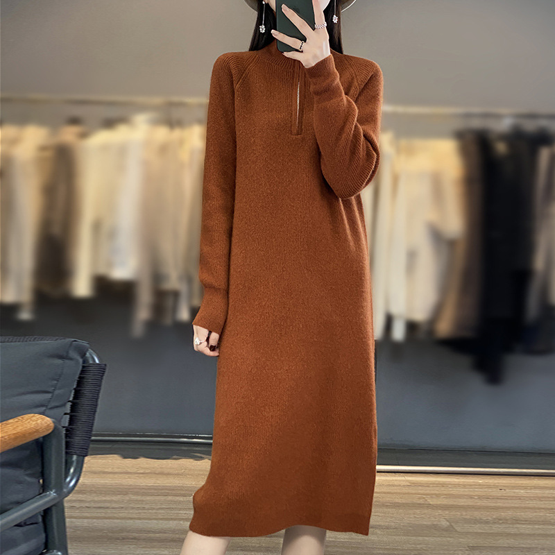 Autumn and Winter New Knitted Dress Women's 100 Pure Wool Dress Long Skirt over the Knee Slimming Bottoming Skirt Zipper Sweater Dress