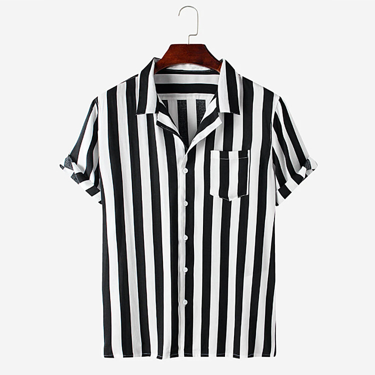 2021夏季新款亚马逊速卖通独立站 时尚黑白条纹男士翻领短袖衬衫