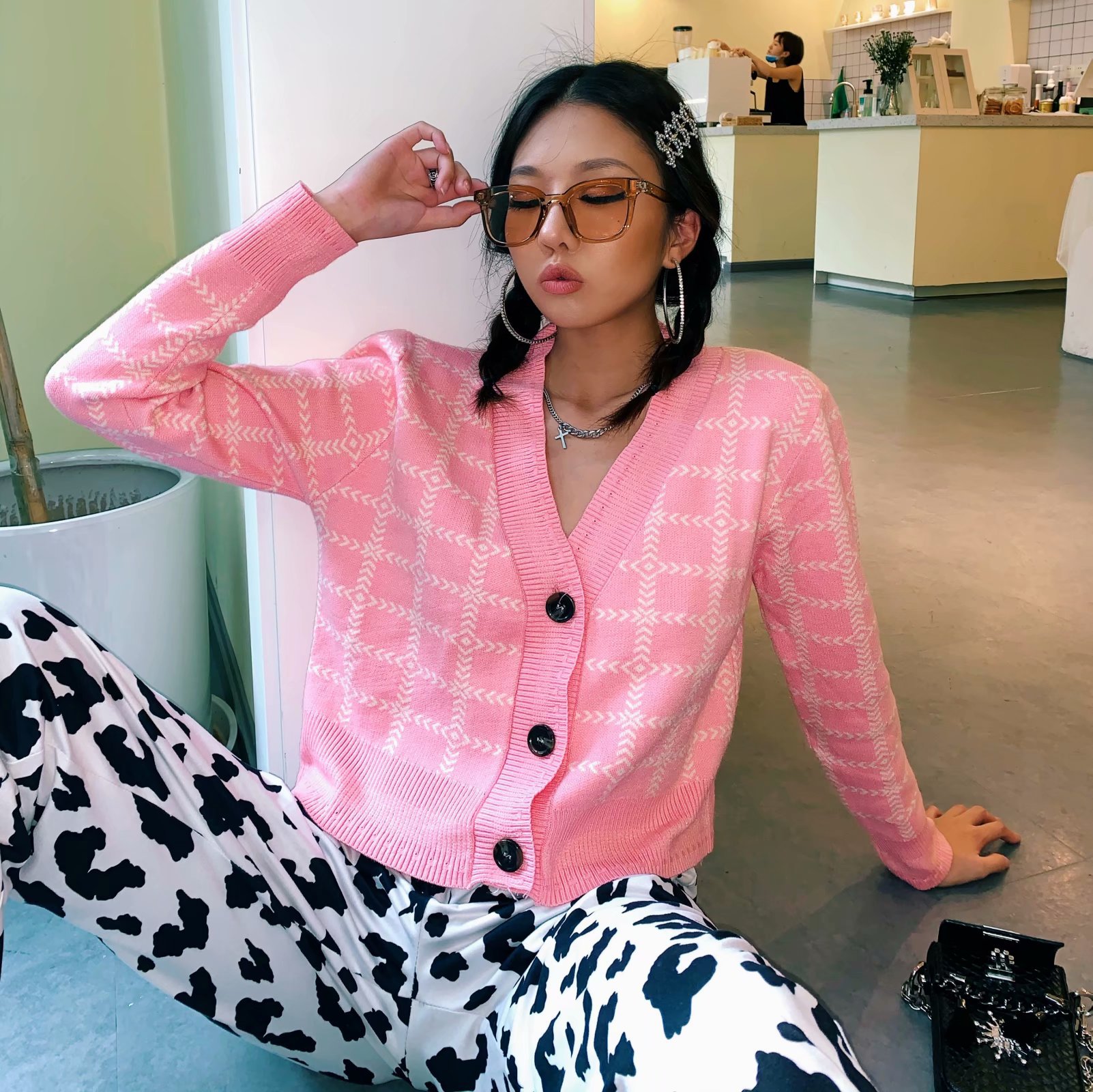 blackpink同款lisa甜美少女学院风针织衫开衫短款粉色格子毛衣女