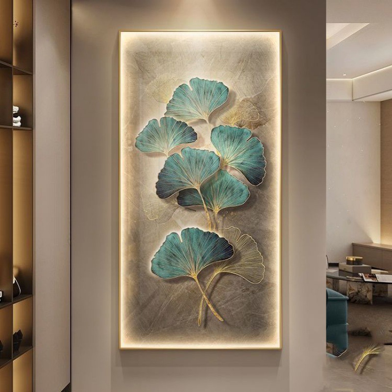 现代轻奢玄关装饰画银杏叶走廊过道挂画高级感入户客厅竖版壁画灯
