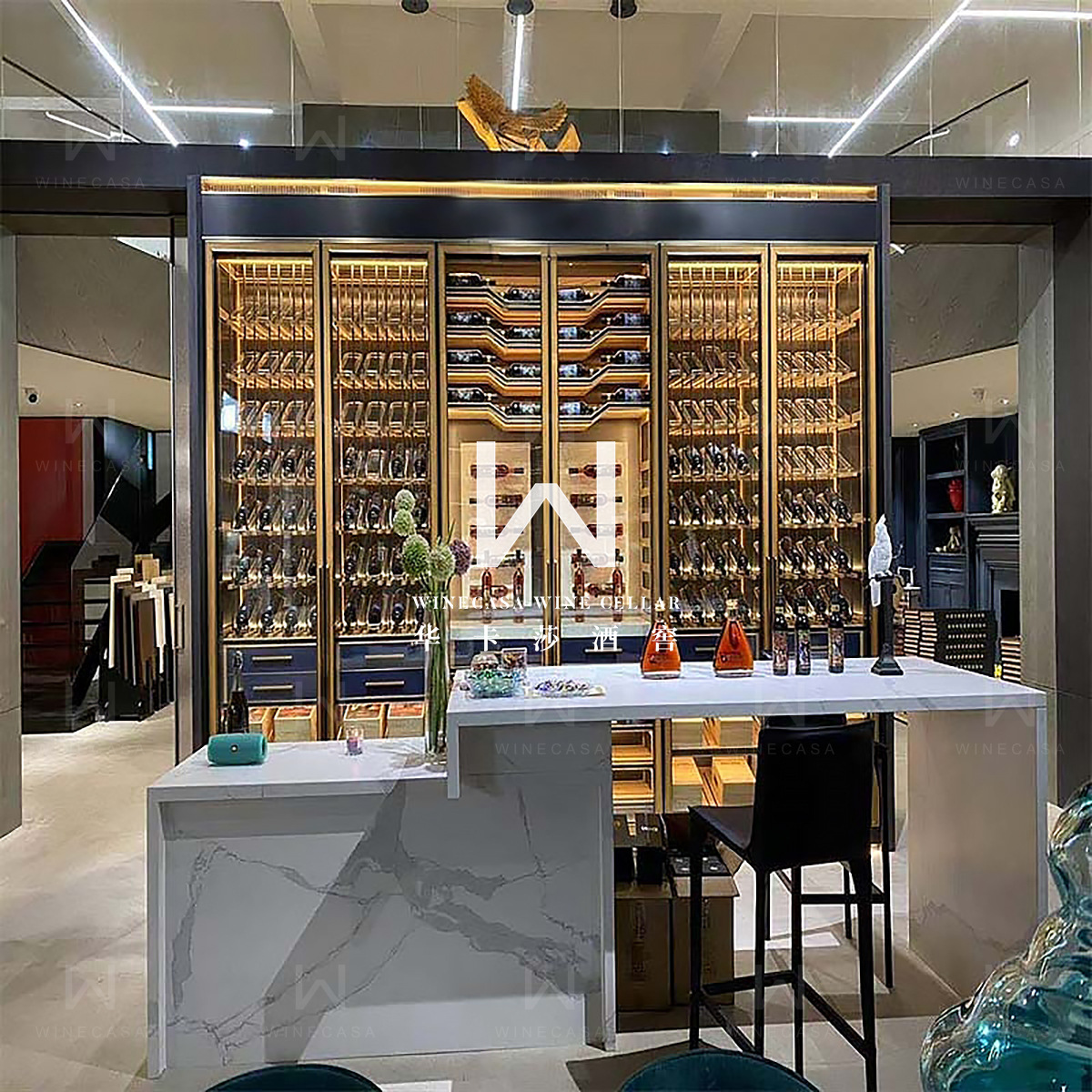 恒温酒柜 钢木亚克力酒柜 高端别墅地下室吧台轻奢风不锈钢红酒柜