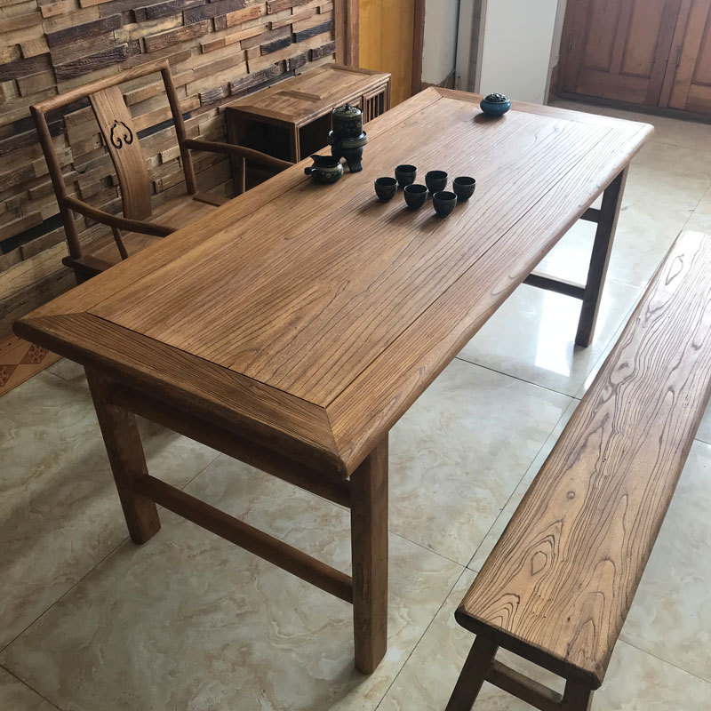 老榆木实木桌复古民宿餐厅装修中式餐桌椅风化门板原木茶桌