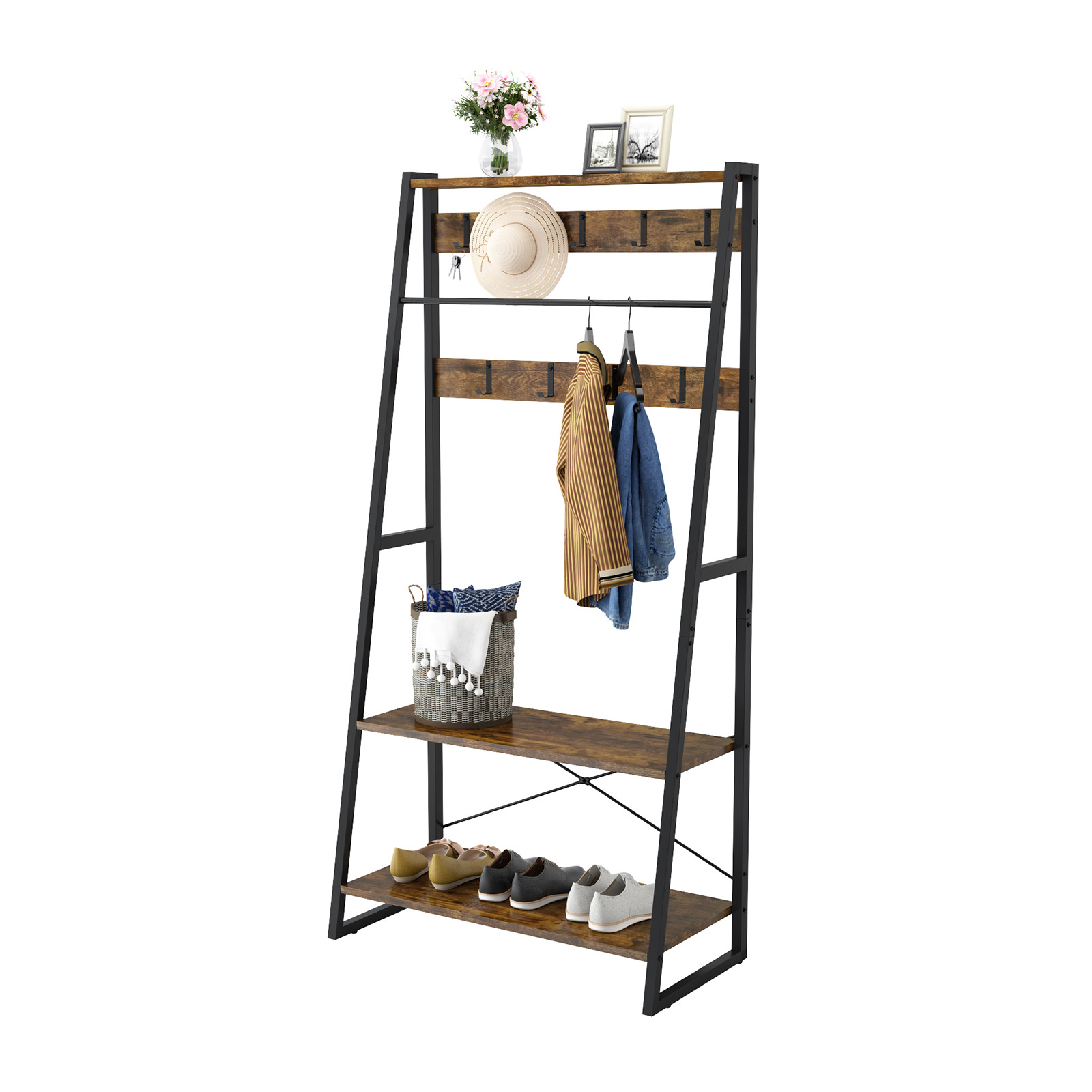 木质落地衣服架挂衣架衣帽架带搁板带顶架的衣架收纳架