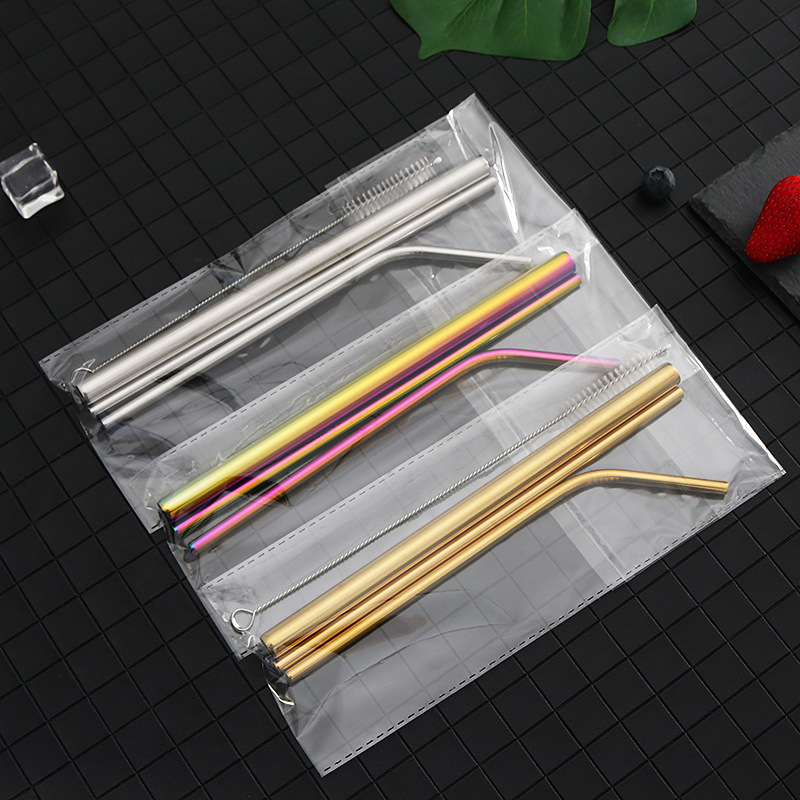 Straw 304 Stainless Steel Straw Package Titanium-Plated Straight Metal Pipe Elbow Drink Milk Tea Straw Factory Direct Sales