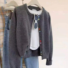 韩版简约彩色纽扣气质时尚上衣灰色毛衣针织开衫长袖春秋新款外套