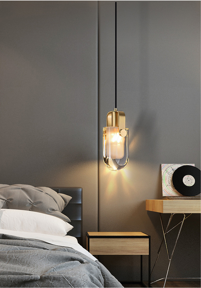 床头吊灯 全铜后现代卧室灯北欧轻奢简约吧台吊线灯水晶灯led灯具