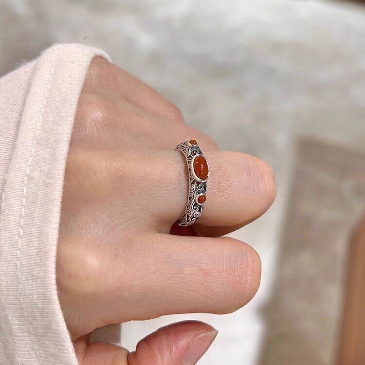 蒙古玛瑙南红镂空花纹开口戒指女小众文艺气质复古做旧民族风指环