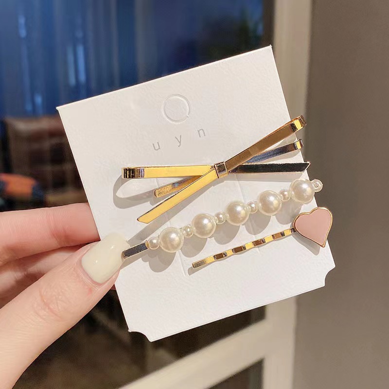 网红爱心发夹蝴蝶结珍珠一字夹套装女气质侧边刘海夹金属发卡发饰