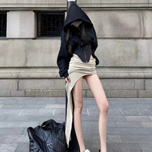 美式风黑色连帽卫衣短外套女春季设计感鱼骨收腰短裙套显瘦修身设