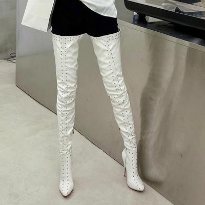 秋冬新款细跟红色白色漆皮超长过膝长靴大腿靴时尚高跟鞋钢管舞靴