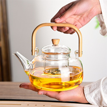 新中式围炉煮茶竹木提梁壶高硼硅玻璃可明火茶水分离玻璃提梁茶壶