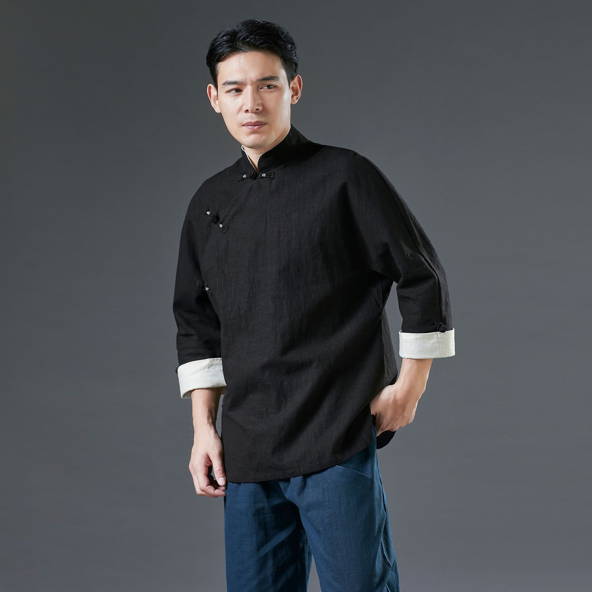 中国风拼色25春季青年男唐装 银扣挽袖衣 斜襟苎麻盘扣立领上衣