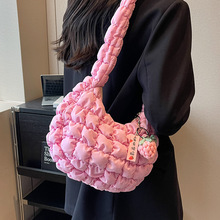 尼龙布包包女大容量2023新款小众设计高级感单肩斜挎包格子饺子包
