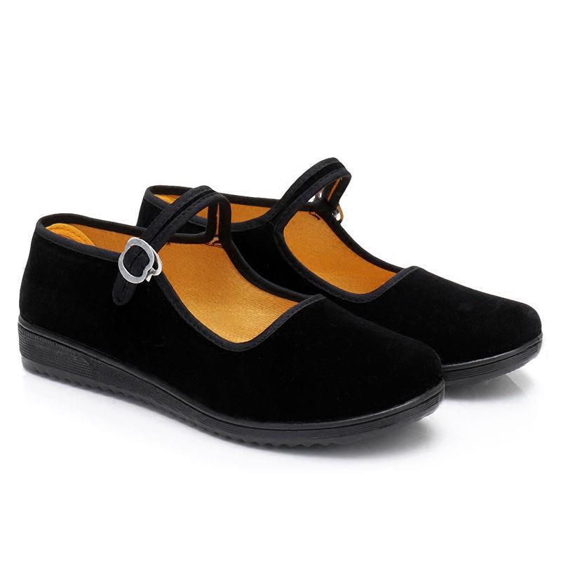 老北京布鞋女士黑平绒鞋酒店工装鞋搭扣带黑色春秋单鞋舞蹈布鞋子