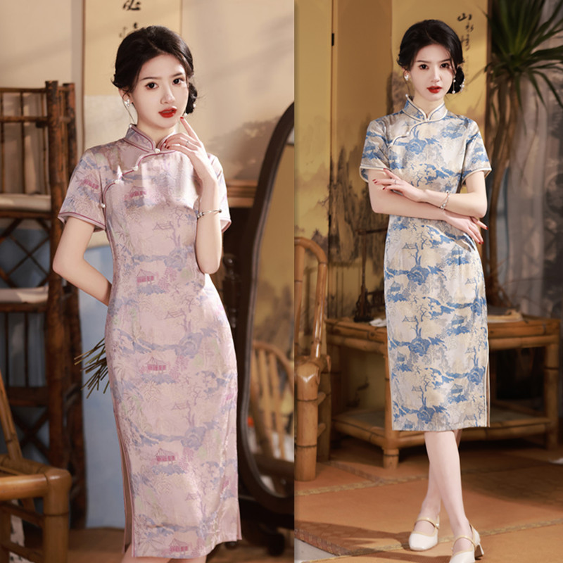 苏州旗袍厂家批发2024春夏新款复古国潮风中长款绸缎提花短袖旗袍