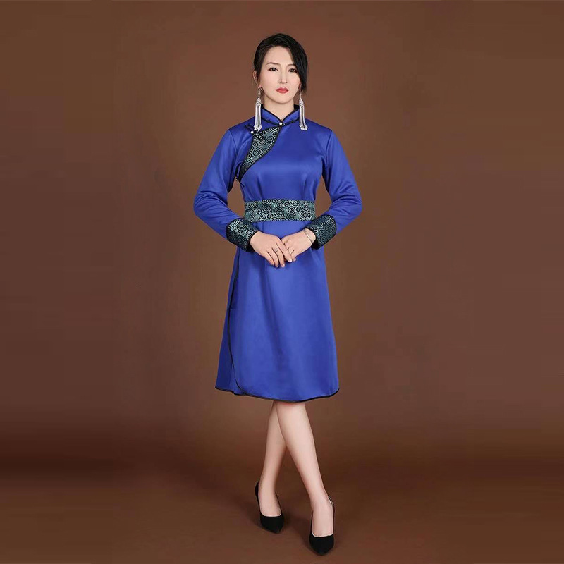 女蒙古袍子布料蒙古服装女长袍不规则盘扣中式收腰显瘦气质连衣裙