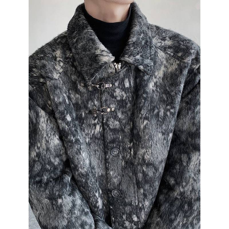 飞机扣毛呢大衣潮牌痞帅炸街美式外套大理纹毛感软糯翻领夹克