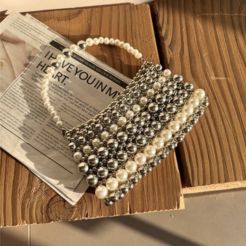 diy手工法式串珠材料包自制珍珠拼色手提包休闲银色编织斜挎包潮