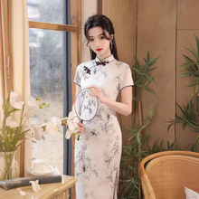 新中式长丝斜纹缎双层旗袍2024年新款水墨竹子中国风优雅复古长裙